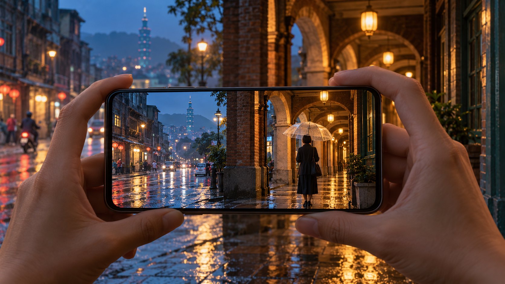 雙手橫握手機取景雨夜街頭人物,以冷暖光影呈現電影感的概念示意