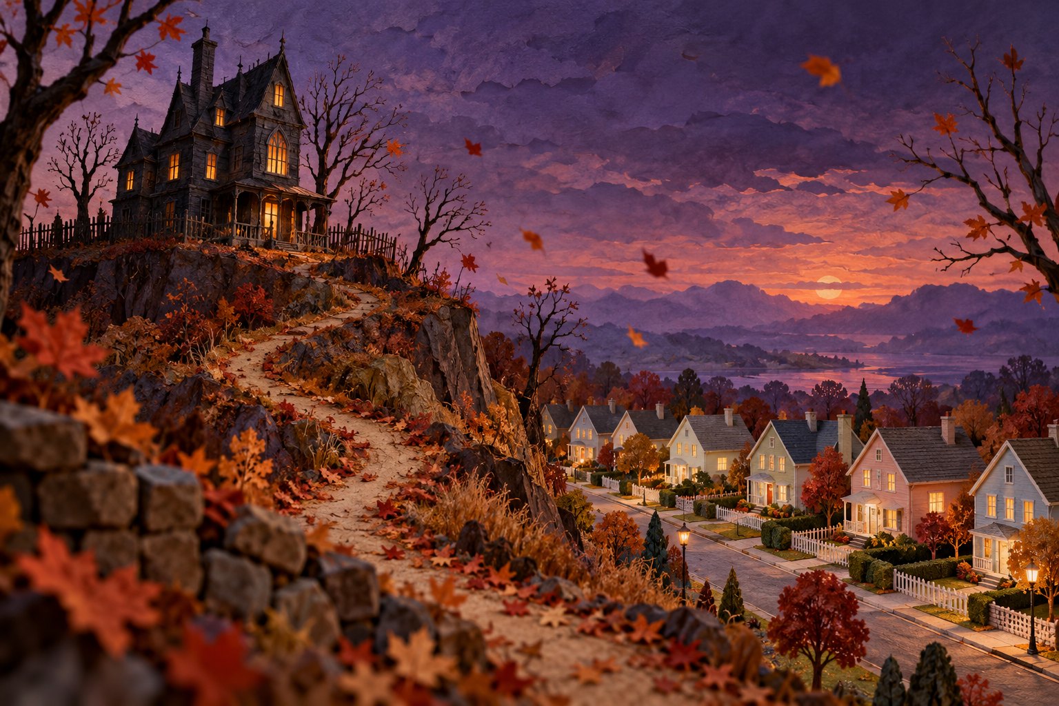 An isolated Gothic house overlooks pastel suburban homes beneath a violet autumn sky.