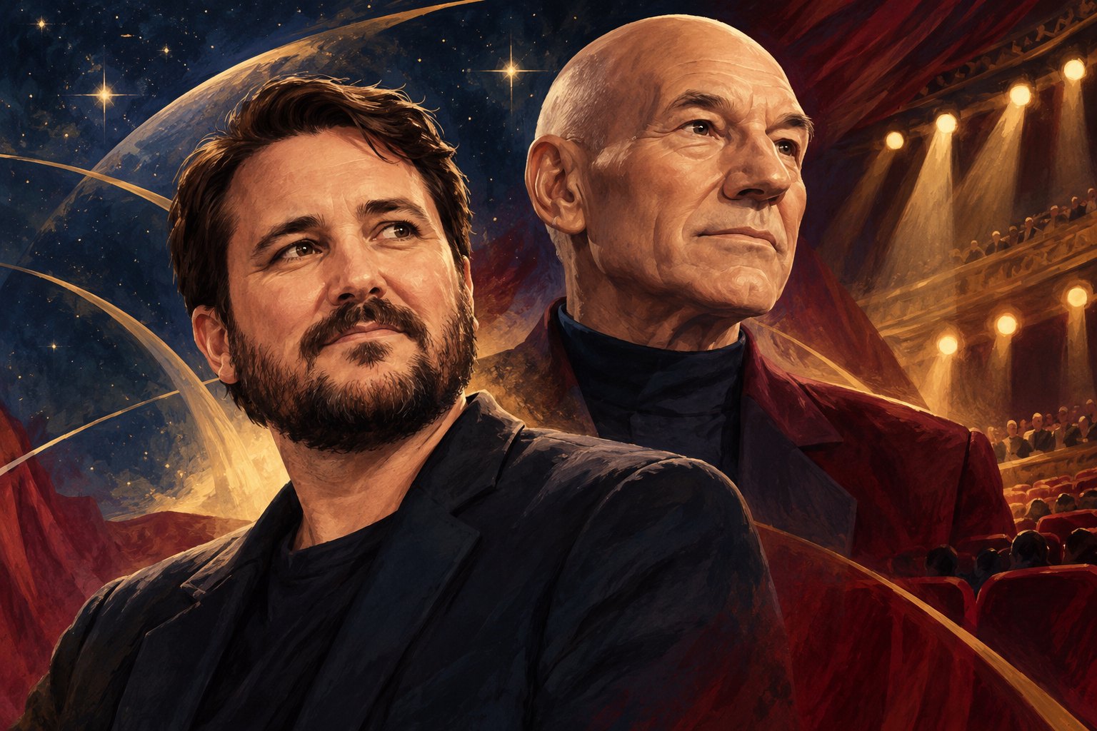 Painterly portraits of Wil Wheaton and Patrick Stewart against a star field and warmly lit theater.