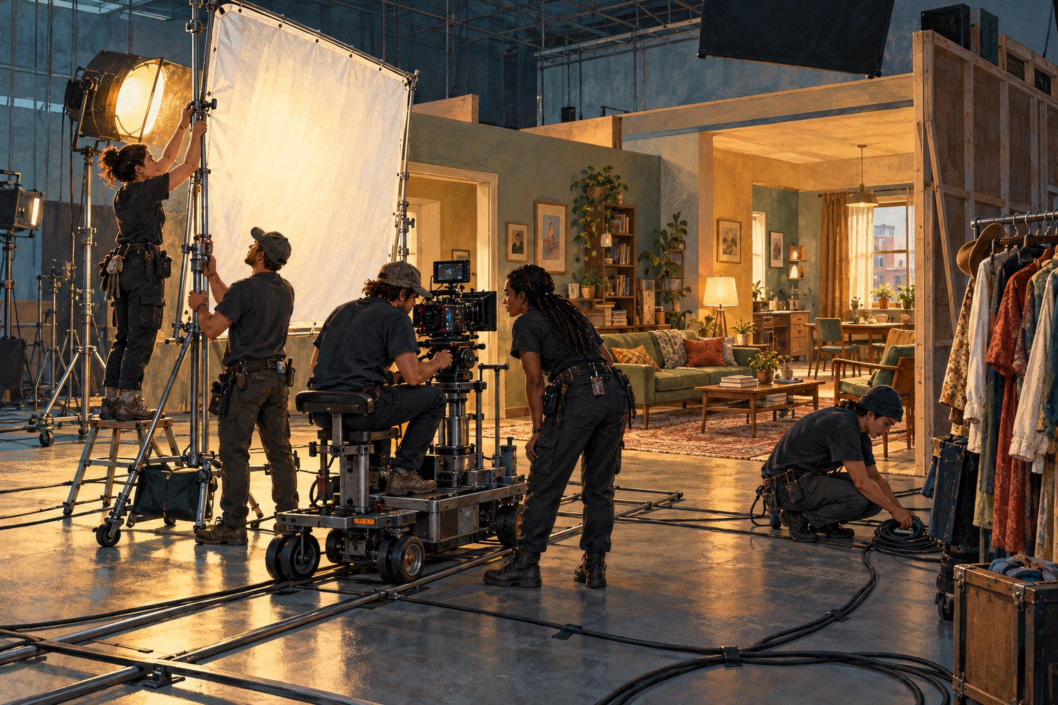 Editorial illustration of a film crew arranging a camera, lighting equipment, and cables beside an apartment set.