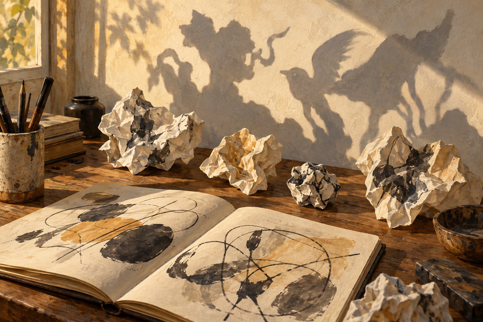 Symbolic editorial illustration of an open sketchbook and crumpled drawings casting creature-shaped shadows across a sunlit studio wall.
