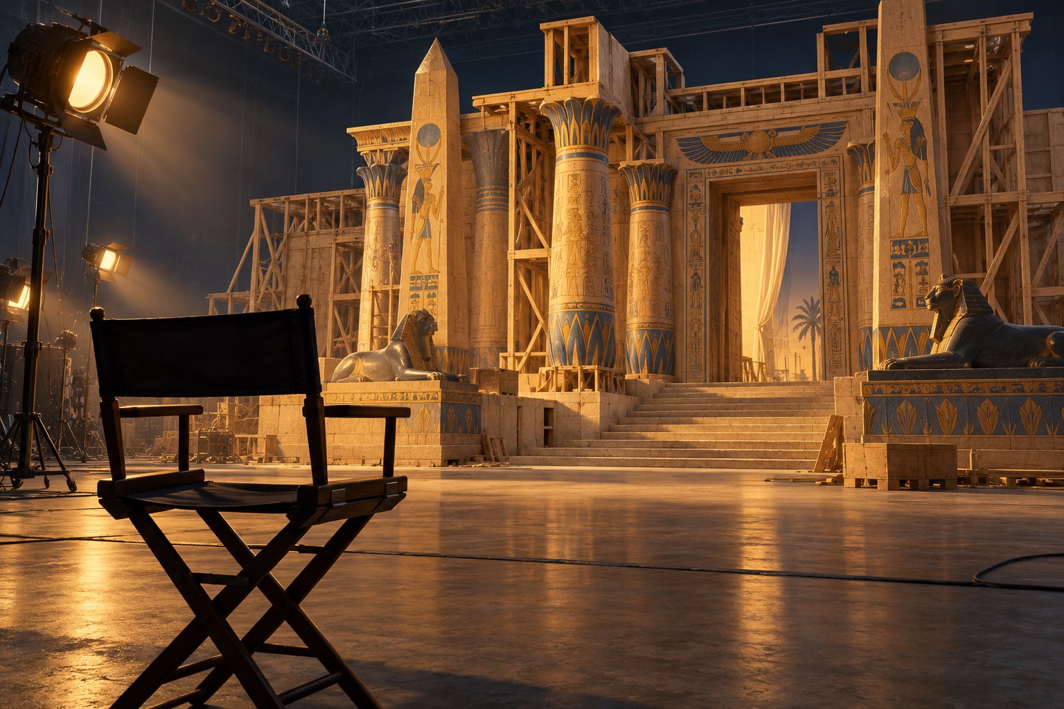Conceptual illustration of an empty director’s chair facing an unfinished Egyptian palace set under golden studio lights.