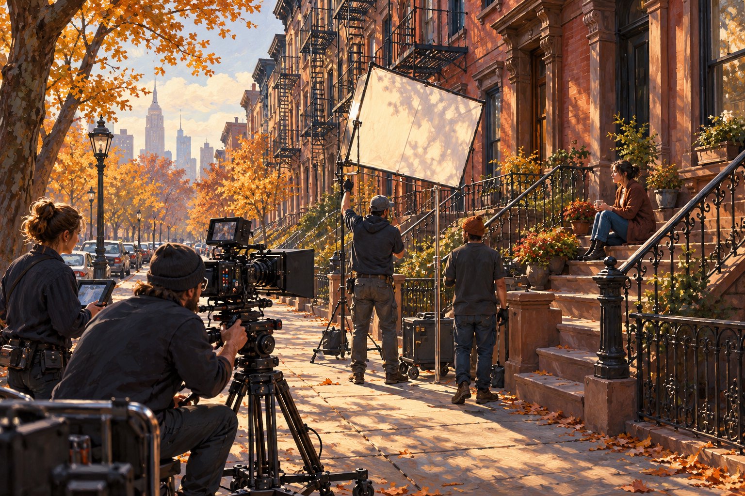 Editorial illustration of a film crew setting up a camera and lighting on a New York brownstone street in autumn.