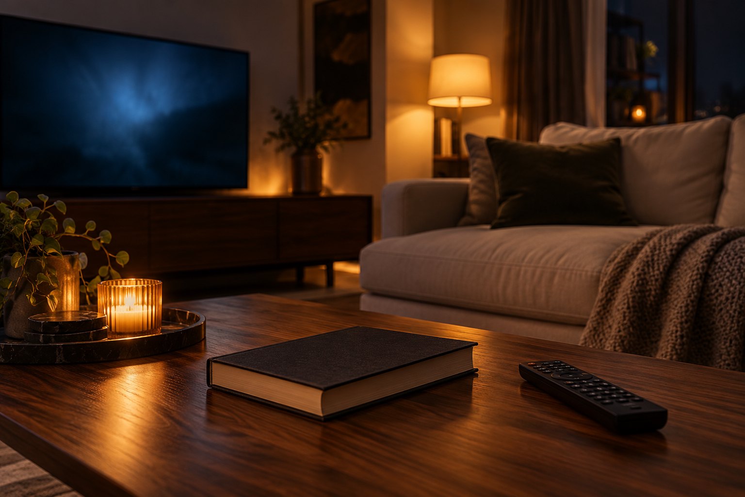 A remote control and closed book on a coffee table face a softly glowing television in a dim living room.