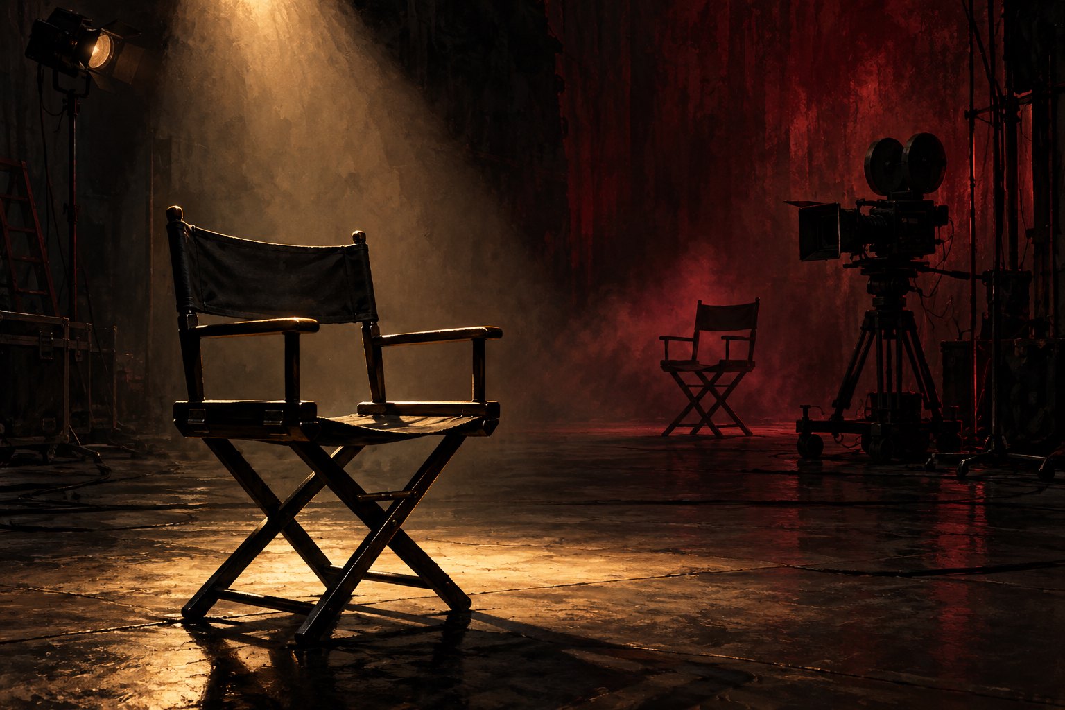 Conceptual illustration of two empty canvas chairs and a movie camera on a shadowy soundstage under warm light.