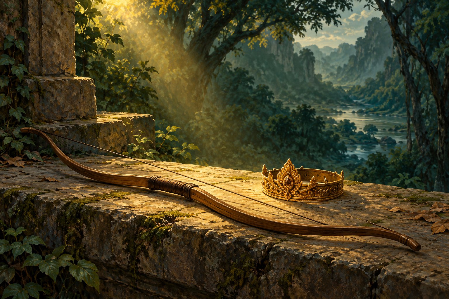 Concept illustration of a wooden bow and golden crown on a stone ledge beside a shadowed forest.