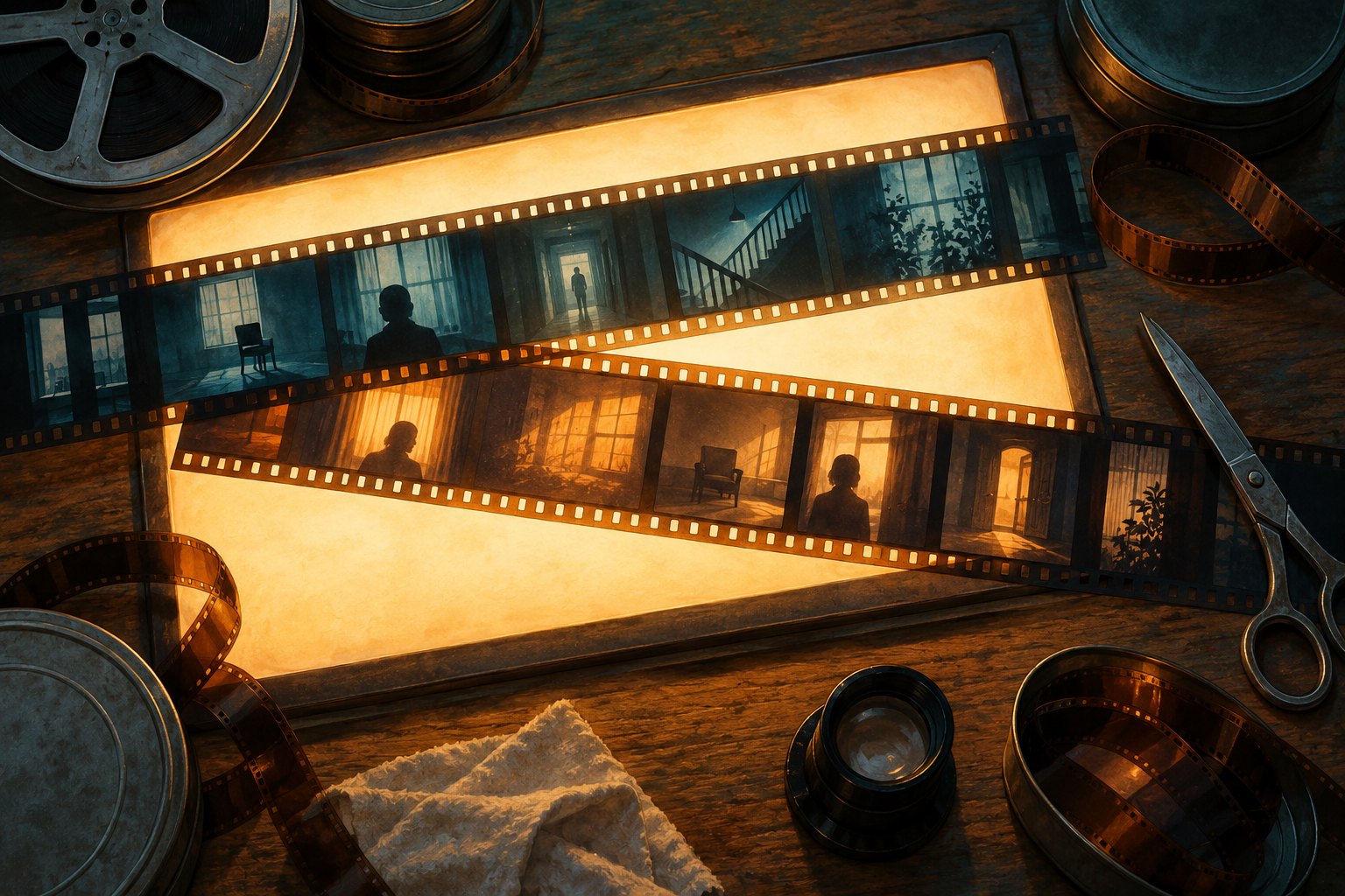 Conceptual illustration of two film strips crossing a glowing editing light box, surrounded by reels and scissors.