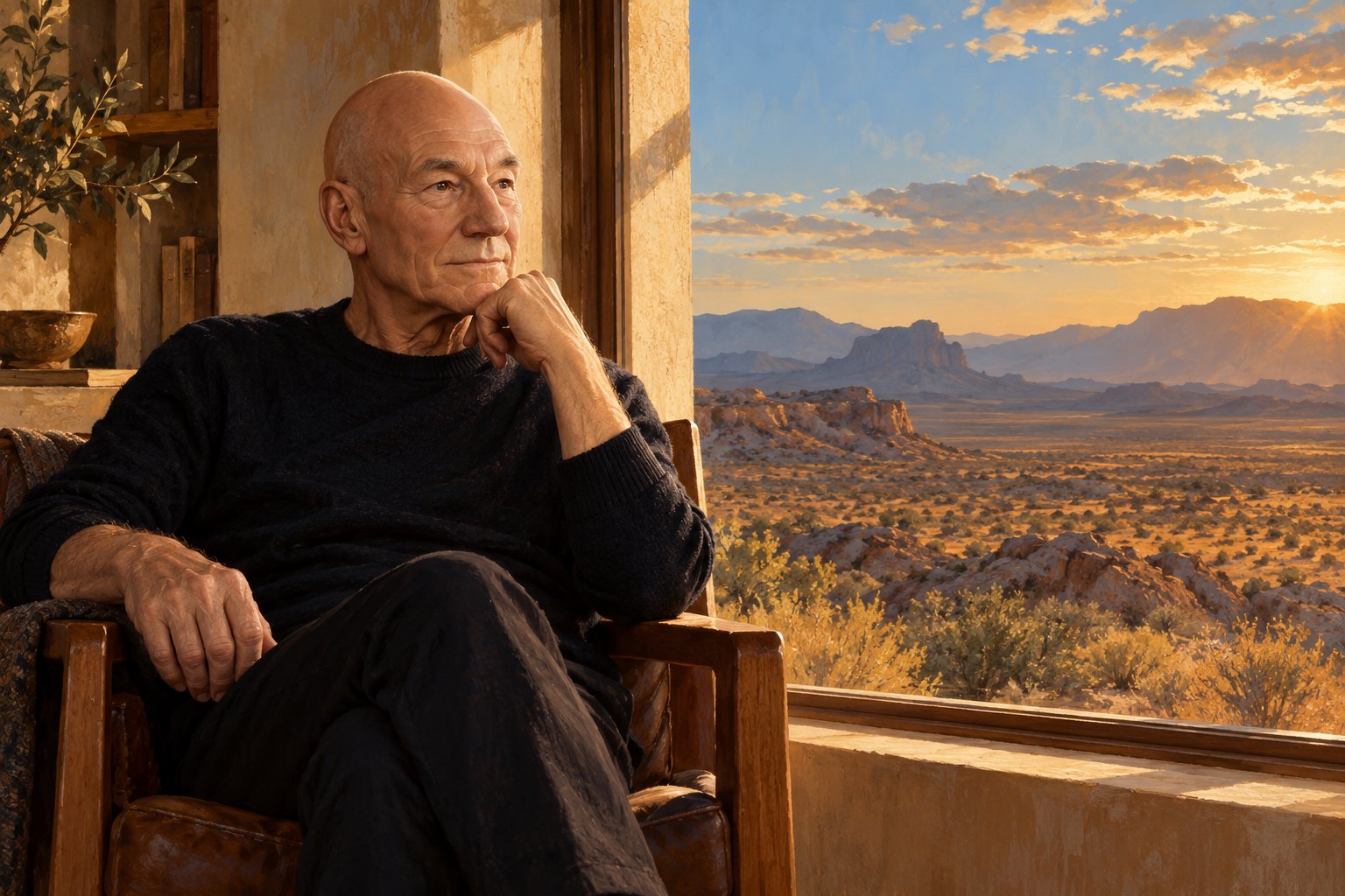 Painterly portrait of Patrick Stewart seated beside a sunlit window overlooking a desert landscape.