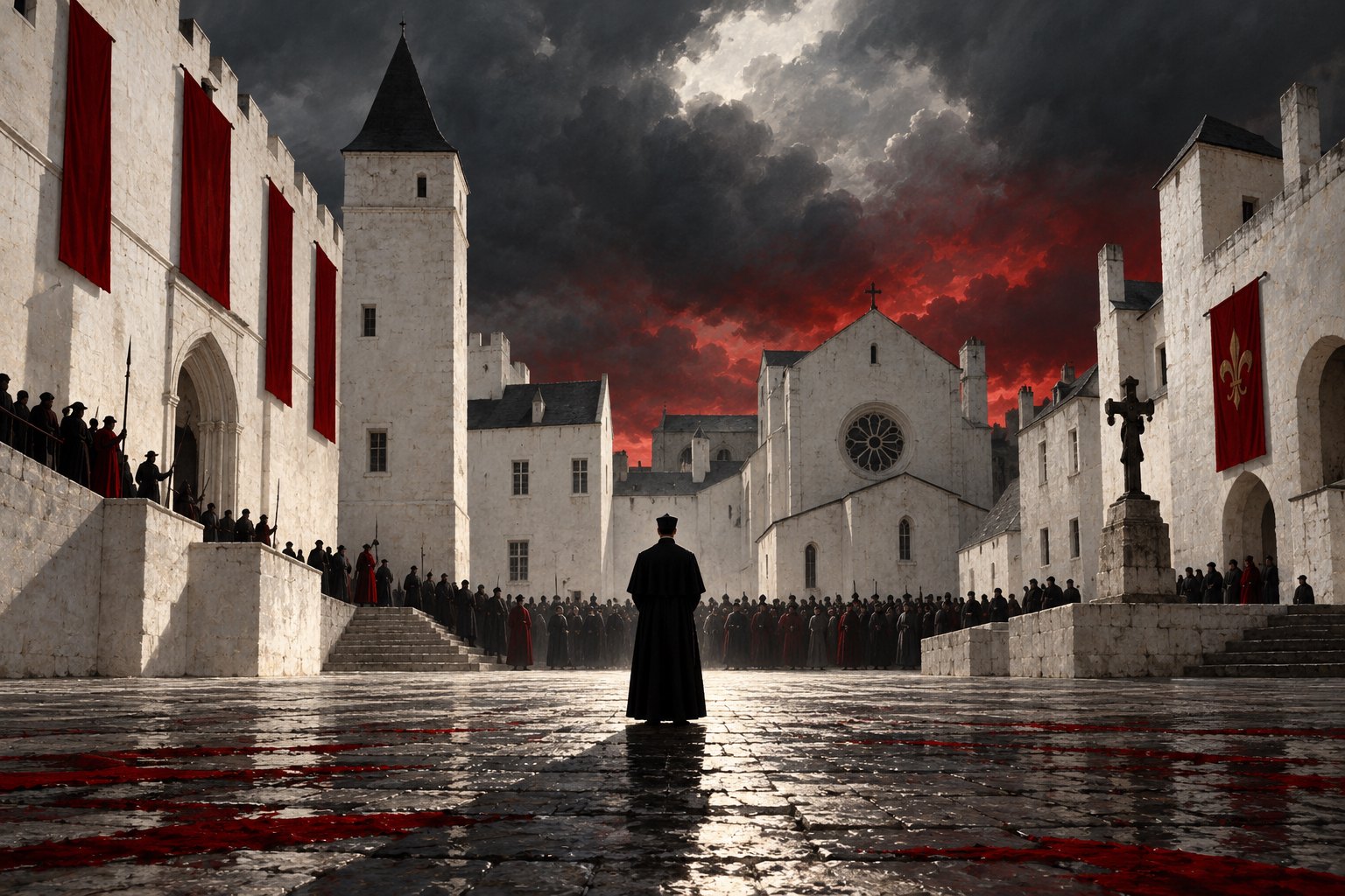 An original illustration of a lone priest facing a crowd in a white stone town square beneath a stormy crimson sky.