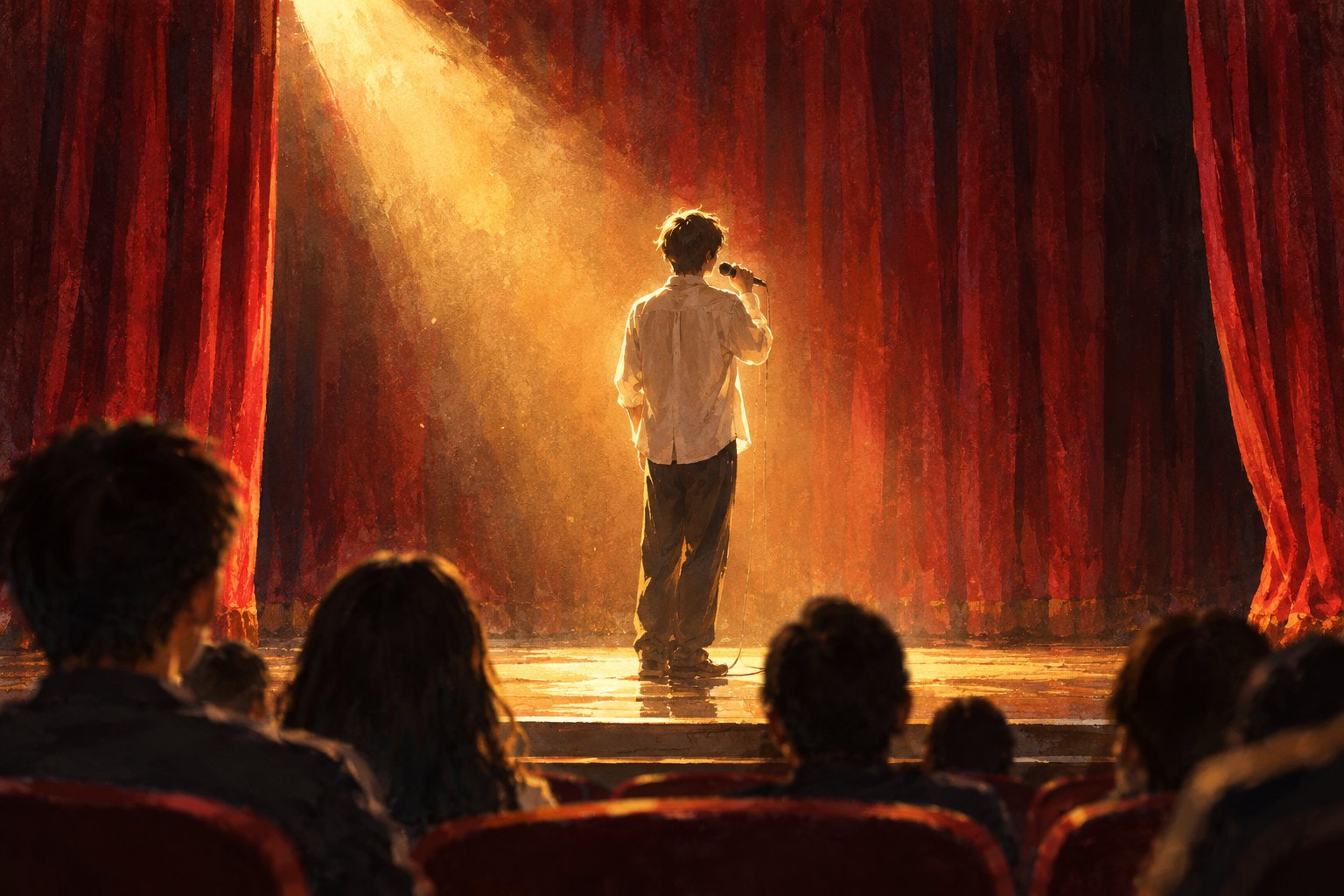 校园歌唱主题插画:年轻歌者背对观众站在金色追光中,红色幕布前映出观众剪影