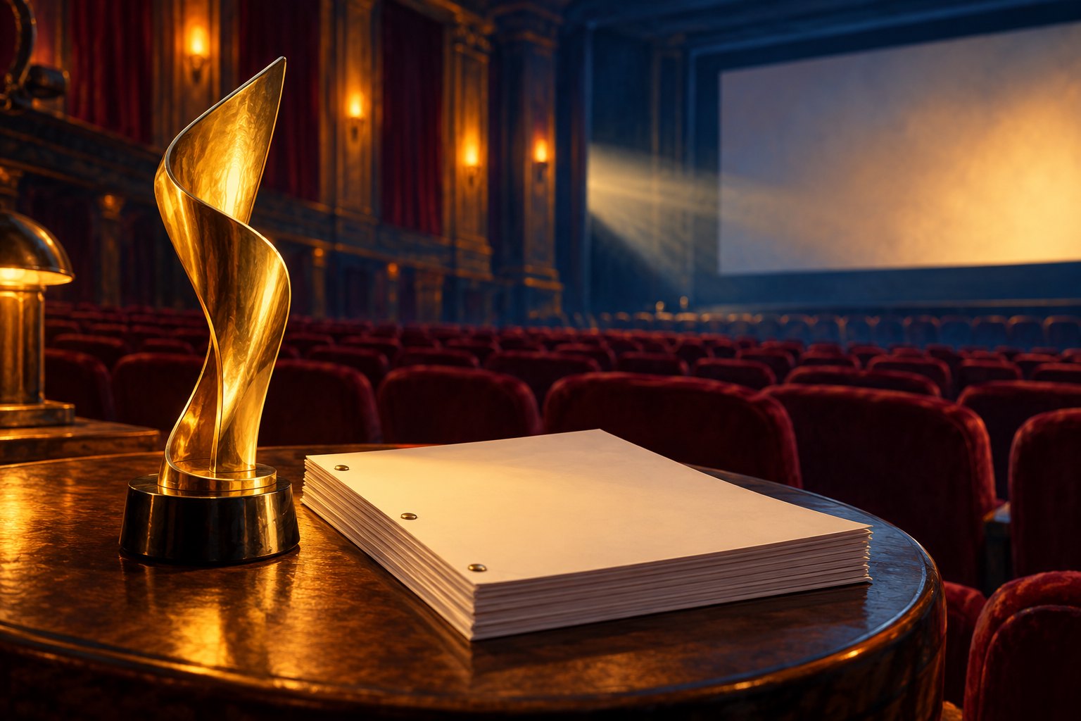 Conceptual illustration of a golden award and screenplay pages in front of an empty cinema.