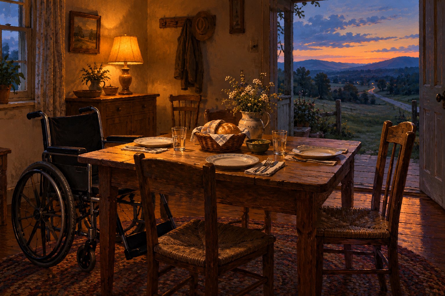 Painterly illustration of a warmly lit rural dining table with an empty wheelchair and an open doorway overlooking fields at dusk.