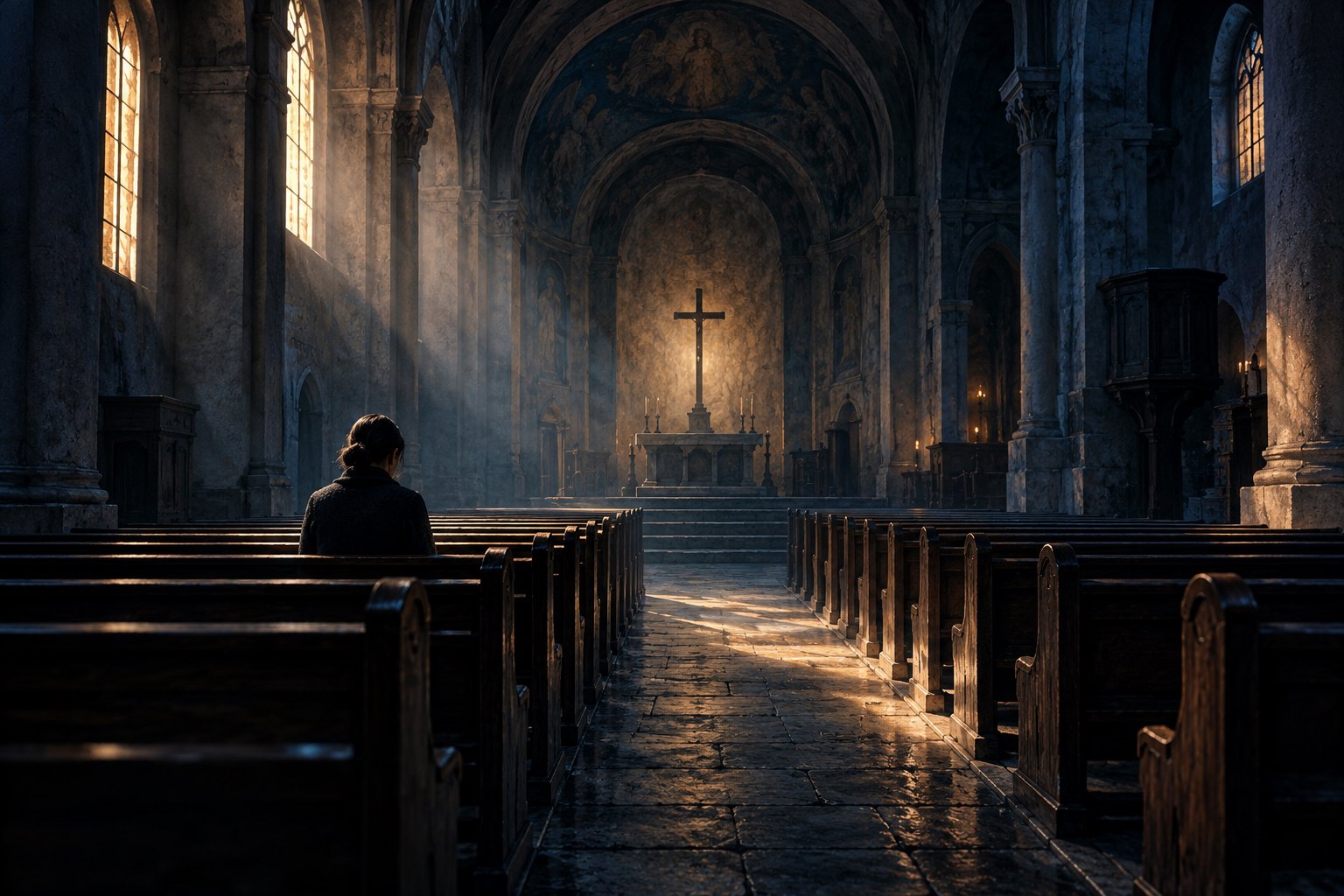 A solitary figure sits in a shadowy church facing a distant cross illuminated by warm light.