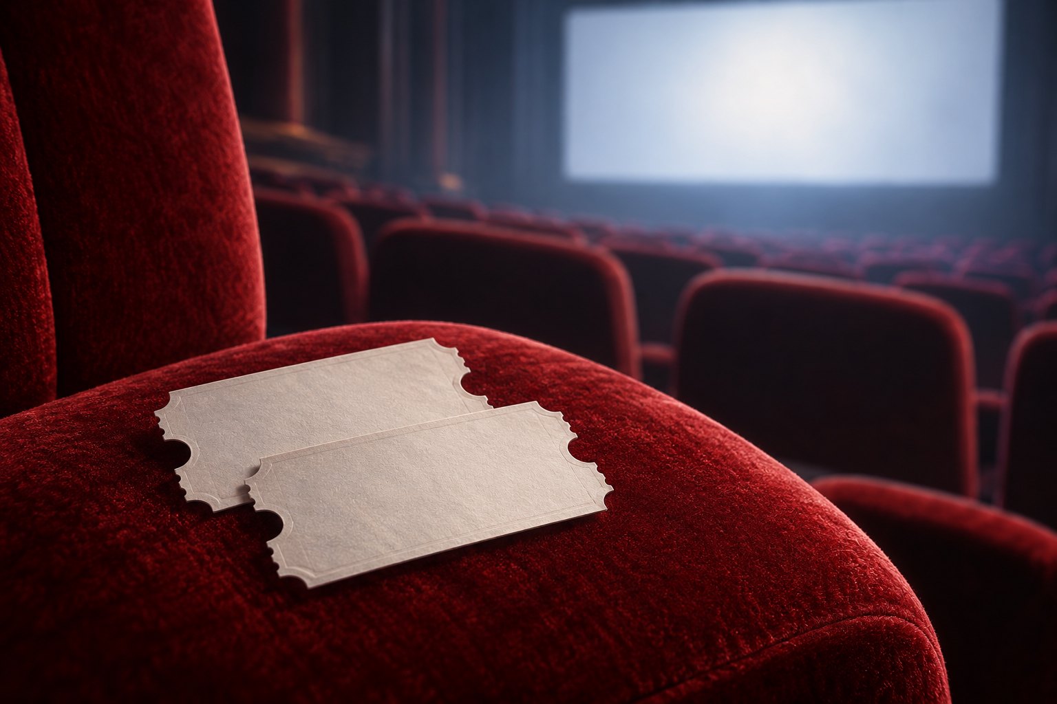 Illustration of two blank ticket stubs on a red velvet cinema seat facing a softly glowing screen.