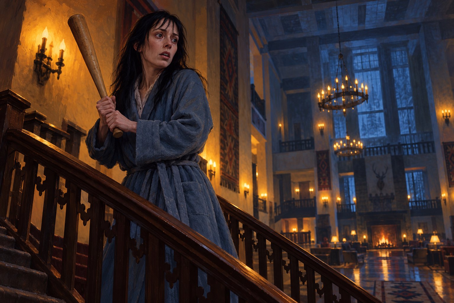 Painterly illustration of a frightened dark-haired woman gripping a baseball bat on a shadowy hotel staircase.