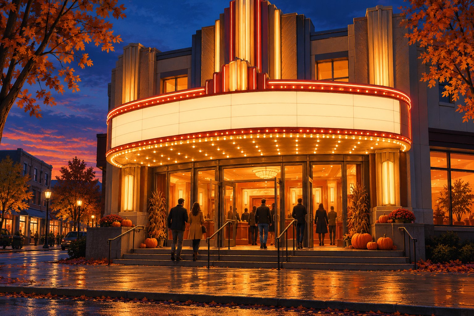 Illustration of moviegoers entering a warmly lit theater with a blank marquee and pumpkins outside at dusk.