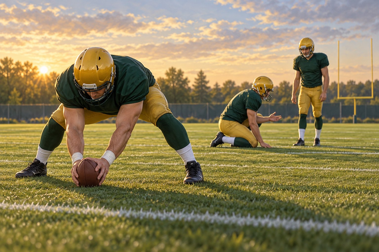 Editorial illustration of a football long snapper, holder, and kicker preparing on a practice field in green and gold uniforms.