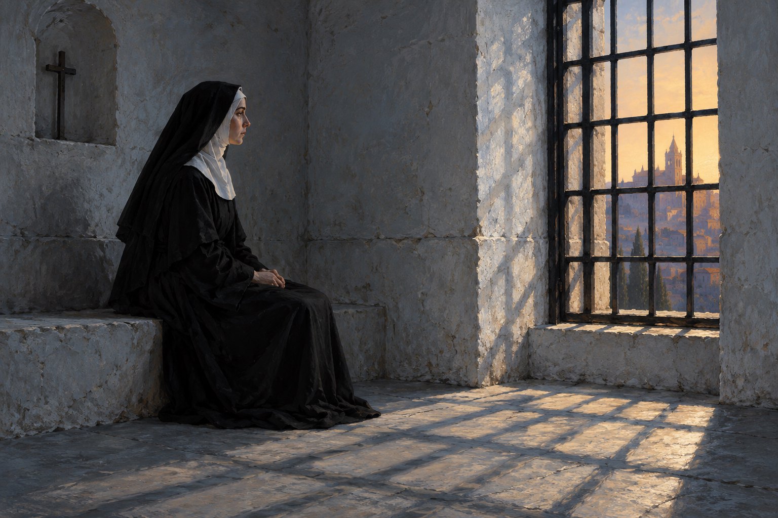 An original illustration of a nun seated beside a barred convent window, with evening light casting shadows across the stone floor.
