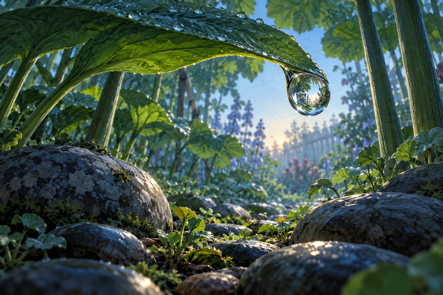 Conceptual illustration of a dewdrop hanging above pebbles beneath garden leaves viewed from ground level.