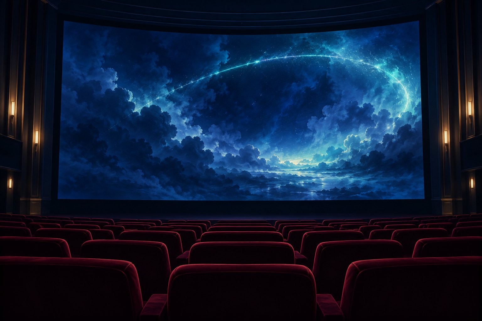 Conceptual illustration of an empty cinema facing a vast screen filled with blue clouds and an arc of turquoise light.
