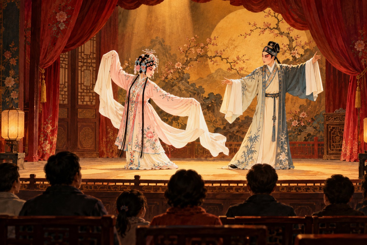 暖金灯光下两位戏曲演员登台,观众背影映衬红色帷幕的概念插画