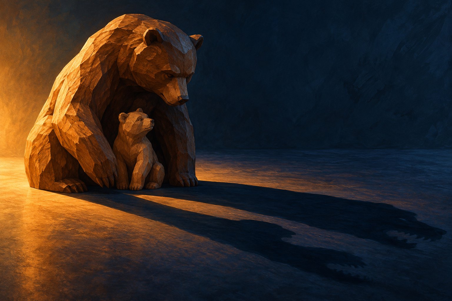 Conceptual illustration of two wooden bear figurines casting long shadows under warm light against a dark blue background.